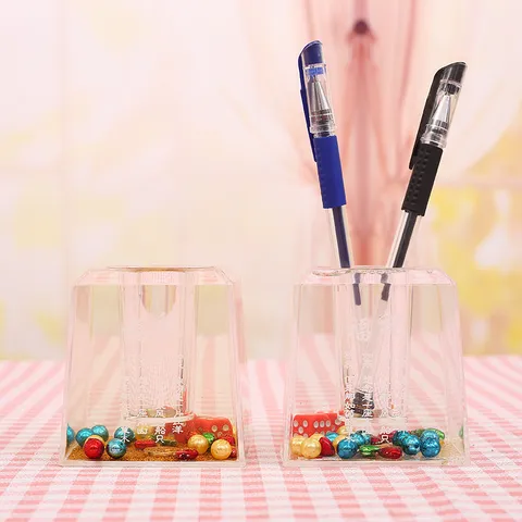 Creative Liquid Motion Square Pen Holder With Dice Gold Glitter Coins Acrylic Desktop Stationery Organizer Decor Gift