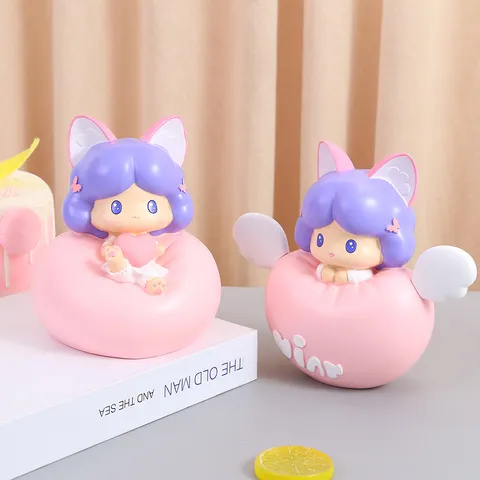 Lindo Portabolígrafos de Resina de Niña Perro de Dibujos Animados y Planeta Espacial Hucha Ornamento Rosa Azul Gato de la Suerte Estatuillas Decoración del Hogar Regalo para Niños