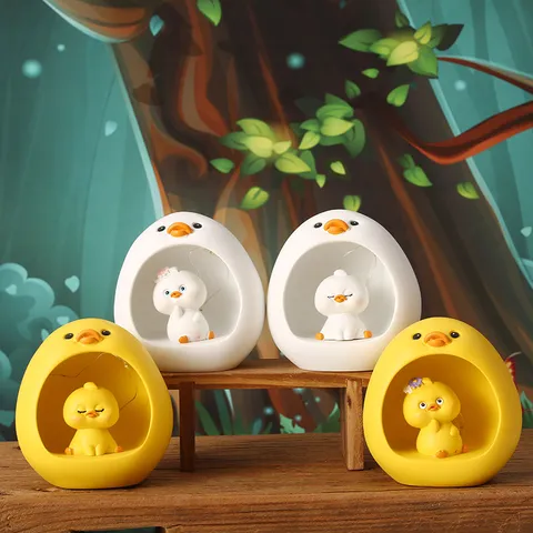 Cartoon Resin Duck Figurine With LED Starry String Light Creative Hollow Animal Night Light Ornament Home Decor Tabletop Gift