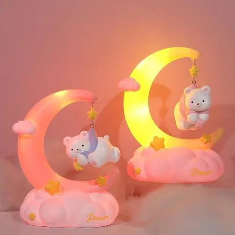 Simpatica Luce Notturna Orso Buonanotte Luna Stella Resina Cartone Animato Animale Base Nuvola LED Lampada da Sonno Decorazione per Camera da Letto Bambini Donna Regalo