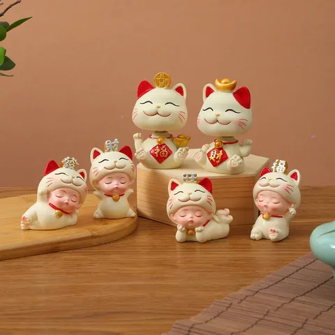 Natural Resin Lucky Cat Shaking Head Figurine Wealth Blessing Fu Cai Car Dashboard Decoration Ornament Home Office Desktop Gift