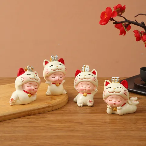 Natural Resin Lucky Cat Shaking Head Figurine Wealth Blessing Fu Cai Car Dashboard Decoration Ornament Home Office Desktop Gift