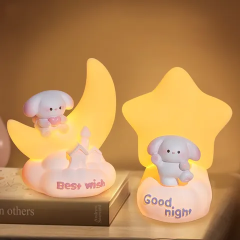 Cute Cartoon Dog Star Moon Night Light Vinyl LED Warm Glow Bedroom Decor Bedside Lamp Gift For Girls Kids Resin Animal Light
