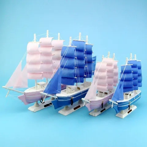 Mediterranean Style Wooden Sailing Ship Model Pink Blue Romantic Girl Birthday Gift Home Desktop Decoration Handcrafted Wood Boat Ornament
