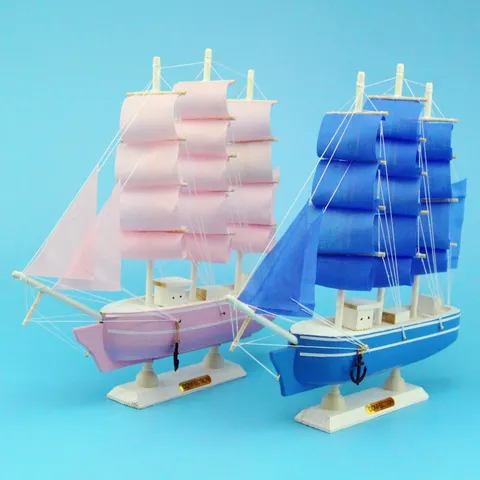 Mediterranean Style Wooden Sailing Ship Model Pink Blue Romantic Girl Birthday Gift Home Desktop Decoration Handcrafted Wood Boat Ornament