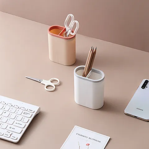 Plastic Desk Pen Holder Double Compartment Stationery Organizer Multifunctional Pencil Storage Box For Office School