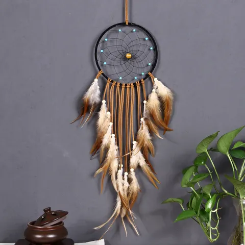 Handmade Bohemian Dreamcatcher Wall Hanging Decoration With Brown Feathers Korean Velvet Natural Turquoise Beads Hanging Ornament For Bedroom Living Room Home Decor