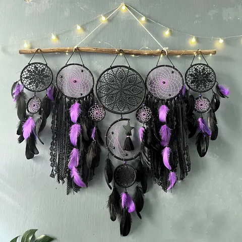 Europäisch Böhmisch Eisenring Feder Traumfänger Wandbehang Deko Lila Schwarz Quaste Handgefertigt Tapisserie Für Schlafzimmer Kinderzimmer Haus Ornament