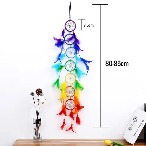 Handgefertigter Regenbogen Traumfänger Wandbehang Deko Böhmischer Ethno Stil Polyester Bunte Feder Perlen Hängende Dekoration