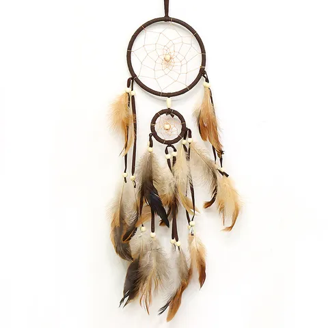 Europese Stijl Handgeweven Dromenvanger Ornament Bruin Indiase Stijl Hangende Decoratie Veer Houten Kralen Voor Huis Slaapkamer Woonkamer Verjaardagscadeau