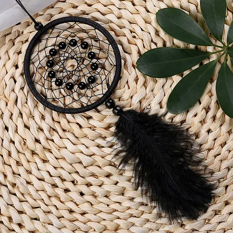 Handmade Indian Dream Catcher Wall Hanging Home Ornament Car Pendant With Feather Beads Black Iron Circle Decorative Craft Gift