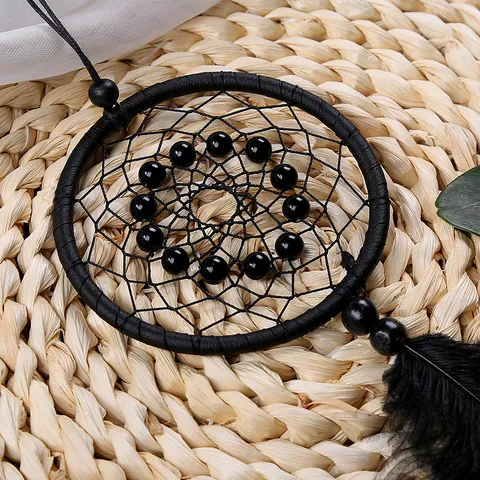 Handmade Indian Dream Catcher Wall Hanging Home Ornament Car Pendant With Feather Beads Black Iron Circle Decorative Craft Gift