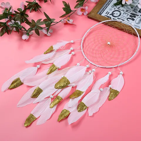 Attrape-Rêves Suspension Murale Style Indien Fer Plume Perle en Bois Décoration Maison Fait Main Blanc Paillettes Élégant Pendentif Ornement pour Salon Bureau Cadeau