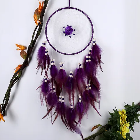 Handmade Native American Style Purple Feather Dream Catcher Wall Hanging Metal Loop Wood Bead Fabric Rose Ornament Home Decor Accent Gift