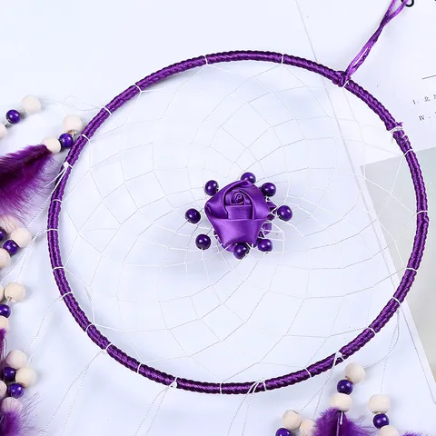 Handmade Native American Style Purple Feather Dream Catcher Wall Hanging Metal Loop Wood Bead Fabric Rose Ornament Home Decor Accent Gift