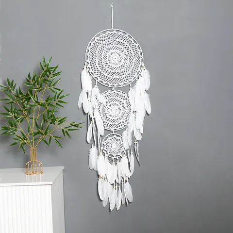 Bohemian Large White Dream Catcher Handmade Woven Iron Ring Wall Hanging Decor With Feathers Wood Beads For Home Wedding Ornament