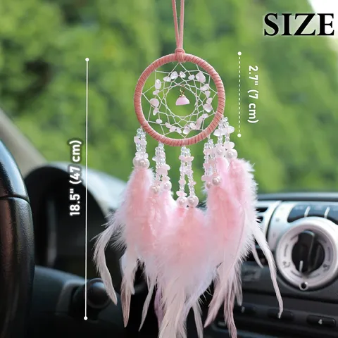 Capteur de Rêves Plume Rose Ornement Suspendu pour Voiture Avec Pierres de Cristal Naturelles Perles Décoration Murale Gland pour Rétroviseur Maison