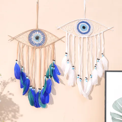 Handgefertigt Böser Blick Traumfänger Wandbehang Nordisch Metall Baumwollfaden Quaste Feder Dreamcatcher Handwerk Ornament Für Wohnzimmer Schlafzimmer Wohnkultur