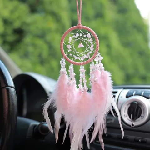 Capteur de Rêves Plume Rose Ornement Suspendu pour Voiture Avec Pierres de Cristal Naturelles Perles Décoration Murale Gland pour Rétroviseur Maison