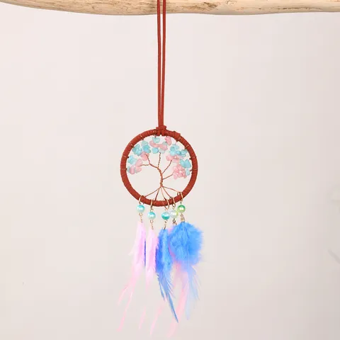 Minimalist Tree of Life Car Hanging Ornament Handmade Natural Stone Crystal Chips Plastic Dream Catcher with Feather Tassel Car Interior Pendant Home Decoration