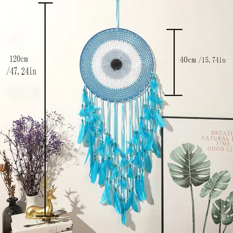 Style Indien Métal Mauvais Œil Attrape Rêves Suspension Murale Bleu Plume Gland Pour Chambre Salon Décoration Maison
