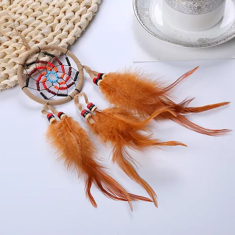 Handgefertigter Indianer Stil Feder Traumfänger Beige Kunststoffperlen Wandbehang Ornament Auto Innen Dekoration Schlafzimmer Deko