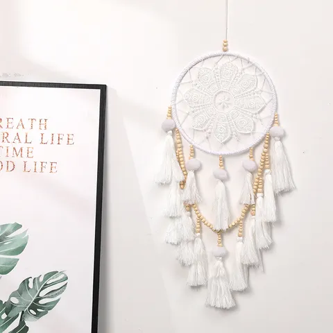 Attrape-Rêves Blanc Minimaliste Nordique Suspension Murale en Corde de Coton Gland Fait Main Motif Fleur en Dentelle Perles Bois