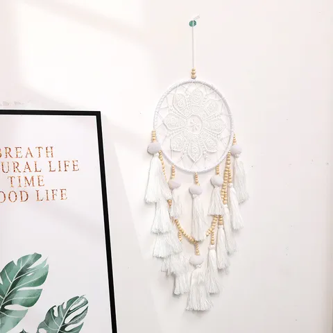 Attrape-Rêves Blanc Minimaliste Nordique Suspension Murale en Corde de Coton Gland Fait Main Motif Fleur en Dentelle Perles Bois