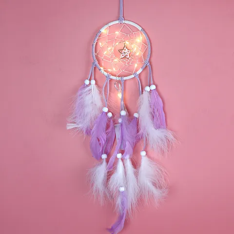 Handgefertigt Traumfänger Wandbehang Mit LED Lichterkette Samtkordel Federn Stern Metallanhänger Kreative Zimmer Deko Handwerk Geschenk Für Mädchen Studenten Wohnkultur