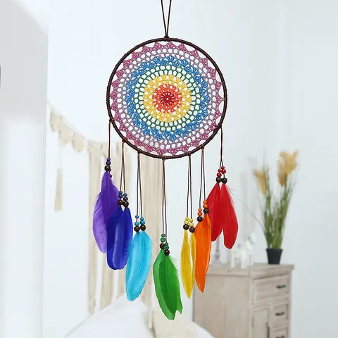 Acchiappasogni Artigianale in Ferro Colorato Appeso a Parete con Piume Stile Indiano Boho Casa Decorazione Regalo per Camera Soggiorno