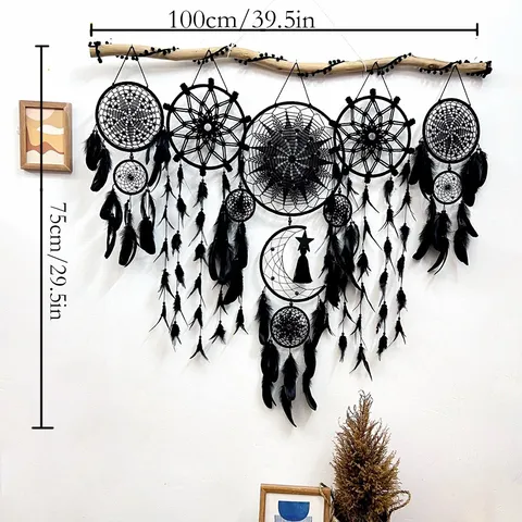Capteur De Rêves Noir Suspension Murale Fait Main Plume Anneau En Fer Décoration Murale Bohème Pour Salon Chambre Mariage