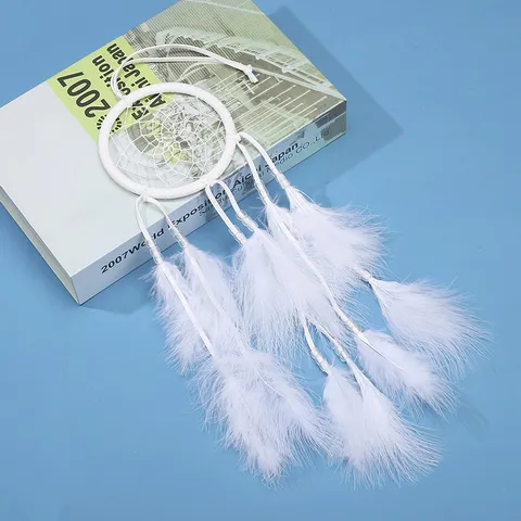 Moderne Capteur de Rêves Blanc Fait Main Avec Lumière LED Plume Ornement Suspendu Carillon Éolien Pour Maison Chambre Mur Décor