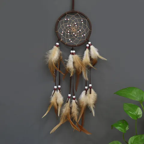 Acchiappasogni Fatto a Mano in Stile Indiano Decorazione da Parete Con Piume Marroni e Perline per Camera da Letto Soggiorno Casa Regalo