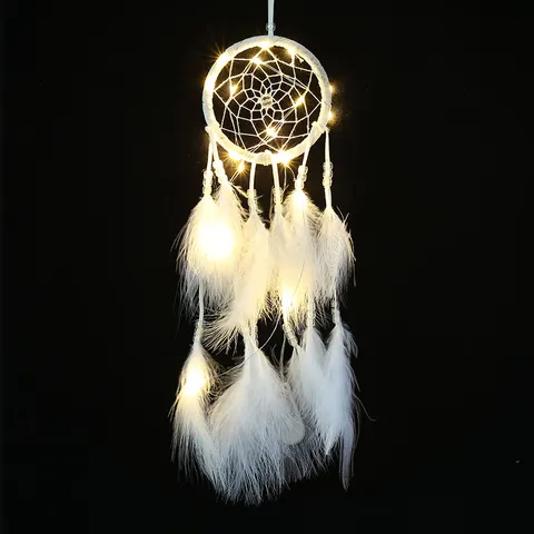 Moderne Capteur de Rêves Blanc Fait Main Avec Lumière LED Plume Ornement Suspendu Carillon Éolien Pour Maison Chambre Mur Décor