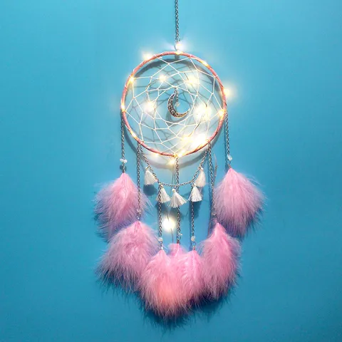 Modern Minimalistisch Mond Traumfänger Wandbehang Deko Handgewebt Federquaste Anhänger Mit LED Lichterkette Kreativ Handwerk Geschenk Für Haus Schlafzimmer Büro Dekoration