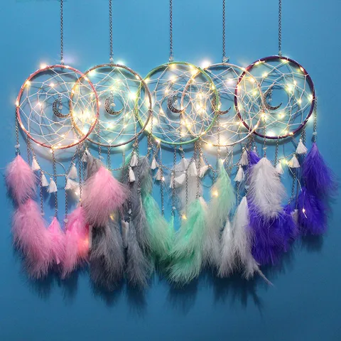 Capteur de Rêves Fait à la Main Forme Lune Avec Chaîne en Métal Plume Suspension Murale Minimaliste Moderne Perles d'Opale Maison Chambre Salon Décoration Cadeau Créatif