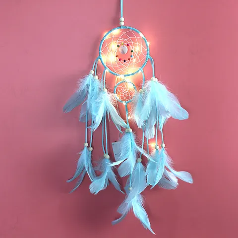 Capteur de Rêves en Plumes Fait Main Décoration Murale Avec Guirlande LED Ornement Style Indien Pour Maison Chambre Cadeau