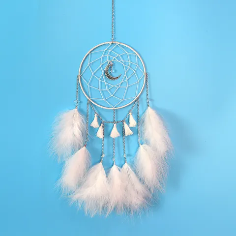 Capteur de Rêves Fait à la Main Forme Lune Avec Chaîne en Métal Plume Suspension Murale Minimaliste Moderne Perles d'Opale Maison Chambre Salon Décoration Cadeau Créatif