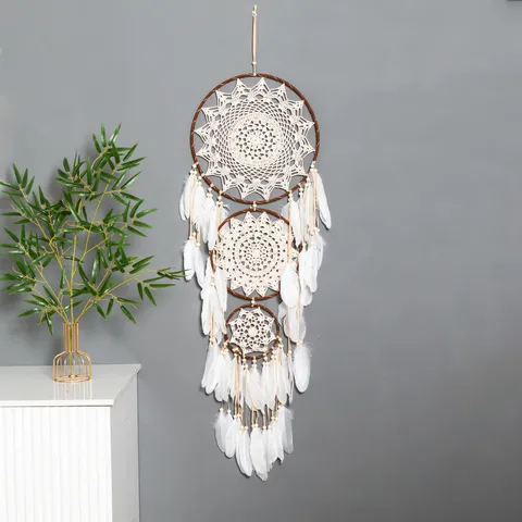 Large Handmade Boho Dream Catcher Metal Cotton Thread White Feather Wood Bead Three Ring Wall Hanging Decor For Living Room Bedroom Wedding Party Gift