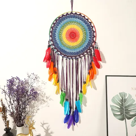 Large Multicolor Feather Dreamcatcher Wall Hanging Decor Nordic Handmade Gradient Rainbow Dream Catcher With Wooden Beads For Home Bedroom Wedding Party Ornament