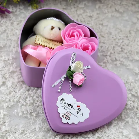 Heart-Shaped Tin Box Gift Set With Scented Soap Roses And Plush Bear Romantic Floral Decor For Valentine's Day Wedding Gift
