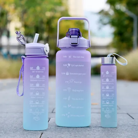 Gradient Plastic Water Bottle Set Large Capacity Sports Drinkware With Time Marker Straw Handle Portable Travel Cup