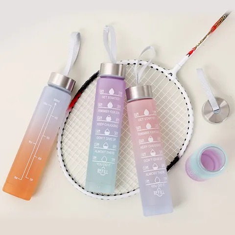 Gradient Plastic Water Bottle Set Large Capacity Sports Drinkware With Time Marker Straw Handle Portable Travel Cup