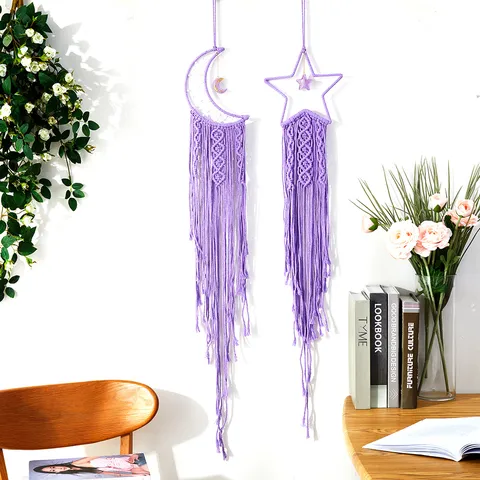 Suspension Bohème Tissé Main Cordon Coton Lune Étoile Attrape Rêves Tapisserie Gland Macramé Murale Déco Chambre