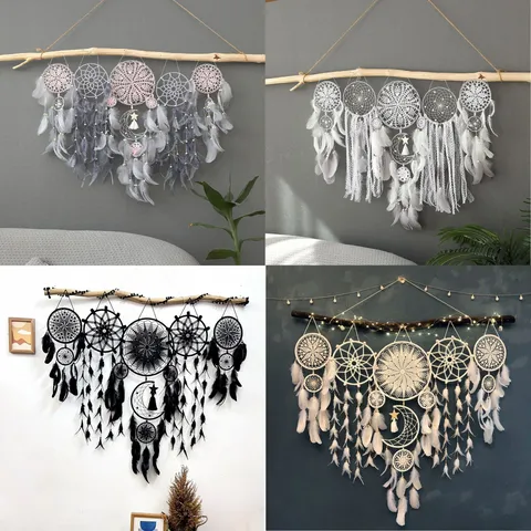 Attrape-Rêves Fait Main Bohème avec Plumes Suspension Murale Tapisserie Macramé à Glands pour Salon Chambre Décoration de Maison