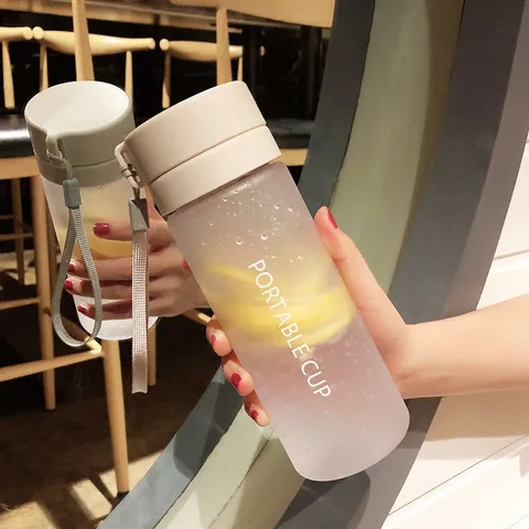 Minimalist Portable Sports Water Bottle Large Capacity Plastic Leakproof Fitness Flask With Lanyard Strap Frosted Transparent Water Bottle Travel Gym Tumbler