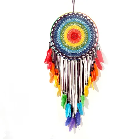 Large Multicolor Feather Dreamcatcher Wall Hanging Decor Nordic Handmade Gradient Rainbow Dream Catcher With Wooden Beads For Home Bedroom Wedding Party Ornament