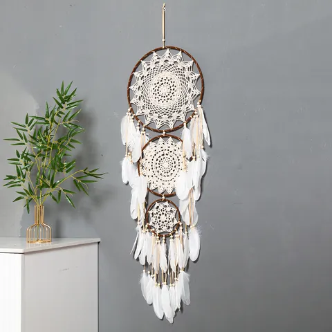 Large Handmade Boho Dream Catcher Metal Cotton Thread White Feather Wood Bead Three Ring Wall Hanging Decor For Living Room Bedroom Wedding Party Gift