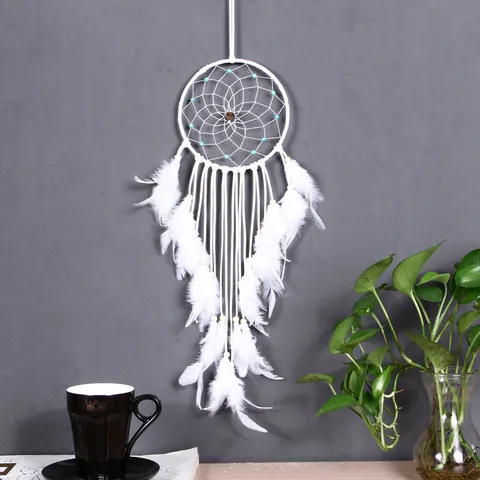Attrape-Rêves Fait Main de Style Amérindien Décoration Murale Plumes Blanches Perles Boho Ornement Suspendu