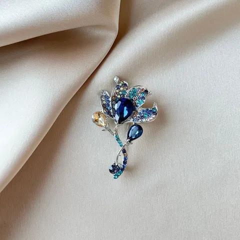 Vintage Blue Tulip Brooch Pin Zinc Alloy Rhinestone Fashion Jewelry Elegant Flower Brooches For Women Outfit Accessories